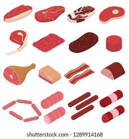 Meat Sign 3d Icon Set Isometric View Include of Beef, Pork, Ham, Steak and Sausage. Vector illustration of Icons
