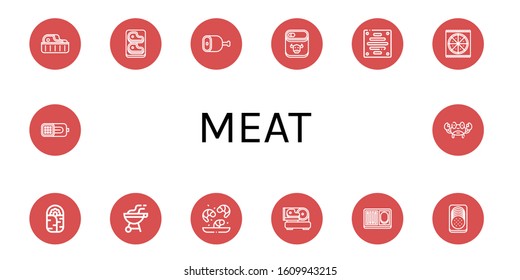 meat simple icons set. Contains such icons as Steak, Ham, Canned food, Extractor, Pizza, Burrito, Bbq, Shrimp, Slicer, Meal, Sausage, Crab, can be used for web, mobile and logo