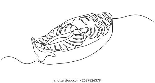 Ícone de linha única de carne, desenho vetor contínuo de uma linha de peça de arte de linha de salmão de peixe, ilustração vetor contínuo um desenho de linha única de peça de salmão cortado em silhueta.