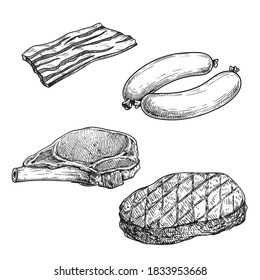 Meat sketch set. Bacon slice, sausages, pork steak with rib and grilled beefsteak. Butchery hand drawn illustrations for menu and market designs. Isolated on white background.