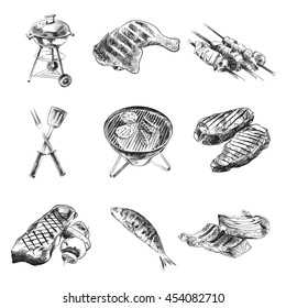 Meat sketches vector set illustration, barbecue, burger, fork, scapula, fish, skewer, sausage, ham, pork, beef, steak