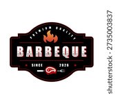 Meat skewered on a fork with a burning fire a logo design for restaurant. grilled barbecue logo, retro BBQ vector, fire grill food and restaurant icon