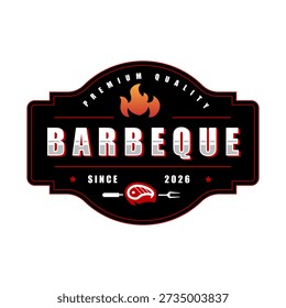 Meat skewered on a fork with a burning fire a logo design for restaurant. grilled barbecue logo, retro BBQ vector, fire grill food and restaurant icon