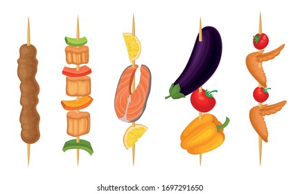 Meat Slabs and Sliced Vegetables on Skewers or Wooden Sticks Cooked on Grill Vector Set