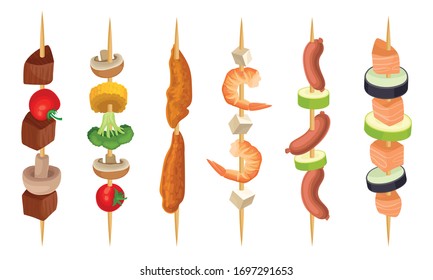 Meat Slabs and Sliced Vegetables on Skewers or Wooden Sticks Cooked on Grill Vector Set
