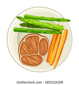 Meat Slice and Vegetables Rested on Plate Above View Vector Illustration
