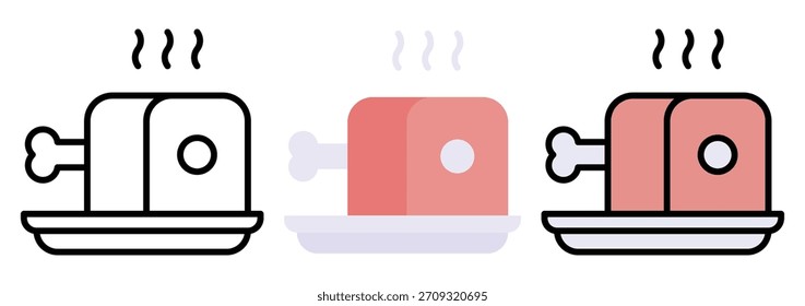 Conjunto de iconos de cortadora de carne en contorno, color y estilo plano