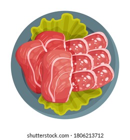 Meat Slices and Wurst Garnished with Salad Leaves as Spanish Cuisine Starter Served on Plate Vector Illustration