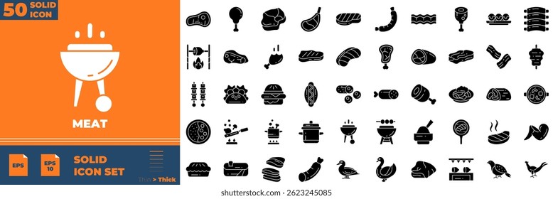 Conjunto de ícones editáveis de Meat Solid. Ilustração vetorial em estilo sólido fino moderno de ícones de carne: bife, carne, grelha, etc