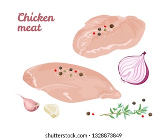 Сhicken meat with spices isolated on white background. Fresh chicken fillet with red onion, garlic, thyme branch and peppercorn. Vector illustration of raw chicken breast in cartoon simple flat style.