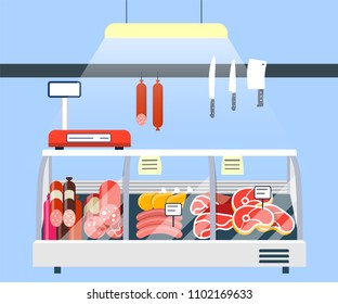  Meat Stand in Supermarket, Meat Display Refrigerator Showcase vector illustration