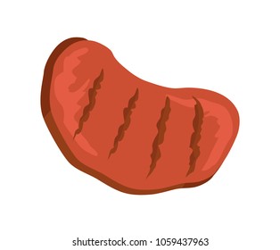 Meat steak, BBQ dish, color vector illustration, fried pork, delicious meat piece, stripes from grille, tasty roast steak isolated on white background