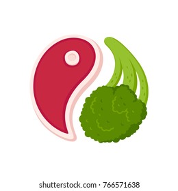 Meat steak and broccoli in Yin Yang shape, healthy balanced meal vector illustration.