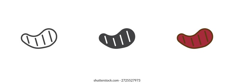 Fleisch Steak Metzger schneiden verschiedene Stil Icon-Set. Linie, durchgezogene und gefüllte Umrisse buntes Symbol, Vektorzeichen und Symbol. Steak Ikone für Lebensmittelgeschäft, Fleischgeschäft und Lebensmittel Ikone.