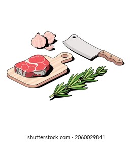 Meat steak, carving knife, rosemary, garlic. Vector 3d sketch line isometric style, color icon illustration. Creative design idea and infographics elements.
