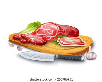 Meat steak chopped and bacon on wooden board with kitchen knife and garlic vector illustration