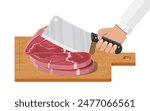 Meat steak chopped on wooden board with kitchen knife. Cutting board, butcher cleaver and piace of meat. Utensils, household cutlery. Cooking, domestic kitchenware. Vector illustration in flat style