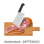 Meat steak chopped on wooden board with kitchen knife. Cutting board, butcher cleaver and piace of meat. Utensils, household cutlery. Cooking, domestic kitchenware. Vector illustration in flat style