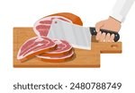 Meat steak chopped on wooden board with kitchen knife. Cutting board, butcher cleaver and piace of meat. Utensils, household cutlery. Cooking, domestic kitchenware. Vector illustration in flat style