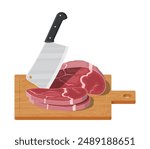 Meat steak chopped on wooden board with kitchen knife. Cutting board, butcher cleaver and piace of meat. Utensils, household cutlery. Cooking, domestic kitchenware. Vector illustration in flat style