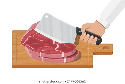 Filete de carne picado en tablero de madera con cuchillo de cocina. Tabla de cortar, cuchilla de carnicero y lugar de carne. Utensilios, cubiertos domésticos. Cocina, utensilios de cocina domésticos. Ilustración vectorial en estilo plano