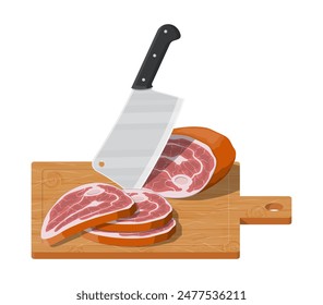 Meat steak chopped on wooden board with kitchen knife. Cutting board, butcher cleaver and piace of meat. Utensils, household cutlery. Cooking, domestic kitchenware. Vector illustration in flat style