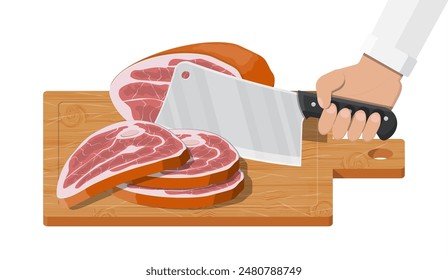 Filete de carne picado en tablero de madera con cuchillo de cocina. Tabla de cortar, cuchilla de carnicero y lugar de carne. Utensilios, cubiertos domésticos. Cocina, utensilios de cocina domésticos. Ilustración vectorial en estilo plano