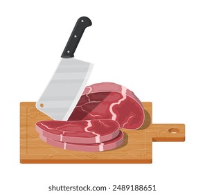 Filete de carne picado en tablero de madera con cuchillo de cocina. Tabla de cortar, cuchilla de carnicero y lugar de carne. Utensilios, cubiertos domésticos. Cocina, utensilios de cocina domésticos. Ilustración vectorial en estilo plano