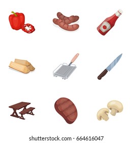 Meat, steak, firewood, grill, table and other accessories for barbecue.BBQ set collection icons in cartoon style vector symbol stock illustration web.