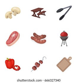 Meat, steak, firewood, grill, table and other accessories for barbecue.BBQ set collection icons in cartoon style vector symbol stock illustration web.