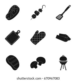 Meat, steak, firewood, grill, table and other accessories for barbecue.BBQ set collection icons in black style vector symbol stock illustration web.
