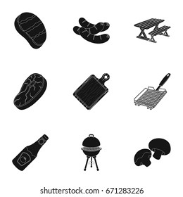 Meat, steak, firewood, grill, table and other accessories for barbecue.BBQ set collection icons in black style vector symbol stock illustration web.