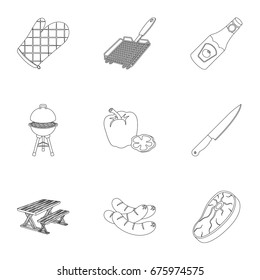 Meat, steak, firewood, grill, table and other accessories for barbecue.BBQ set collection icons in outline style vector symbol stock illustration web.