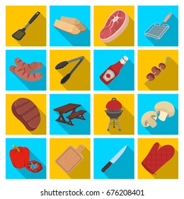 Meat, steak, firewood, grill, table and other accessories for barbecue.BBQ set collection icons in flat style vector symbol stock illustration web.