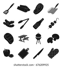 Meat, steak, firewood, grill, table and other accessories for barbecue.BBQ set collection icons in black style vector symbol stock illustration web.