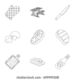 Meat, steak, firewood, grill, table and other accessories for barbecue.BBQ set collection icons in outline style vector symbol stock illustration web.