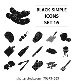 Meat, steak, firewood, grill, table and other accessories for barbecue.BBQ set collection icons in black style vector symbol stock illustration web.