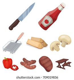 Meat, steak, firewood, grill, table and other accessories for barbecue.BBQ set collection icons in cartoon style vector symbol stock illustration web.