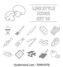 Meat, steak, firewood, grill, table and other accessories for barbecue.BBQ set collection icons in outline style vector symbol stock illustration web.