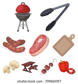 Meat, steak, firewood, grill, table and other accessories for barbecue.BBQ set collection icons in cartoon style vector symbol stock illustration web.