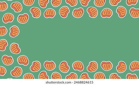 meat. steak. food. fried meat. pattern. the poster. frame. vector. retro palette. on a colored background. place for the inscription. hand-drawn.