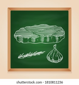 meat steak with garlic and rosemary using hand drawn style on chalkboard background