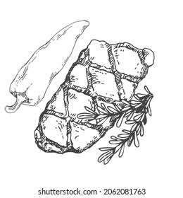Fleischsteak handgezeichnet Vektorgrafik. BBq-Bild einzeln auf weißem Hintergrund