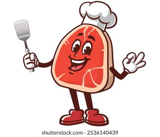 Bife de carne segurando uma espátula e vestindo um chapéu de chef, Desenho Animado Mascote Ilustração Personagem Vetor Clip-art Desenho de logotipo desenhado à mão