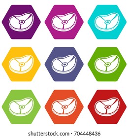 Meat steak icon set many color hexahedron isolated on white vector illustration