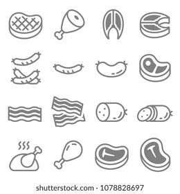 	
Meat steak line icon set. Included the icons as grilled, drumstick, fillet, salami, t-bone, chicken, bacon, beef, pork and more.