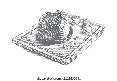 meat steak mignon on wood board hand drawing sketch engraving illustration style