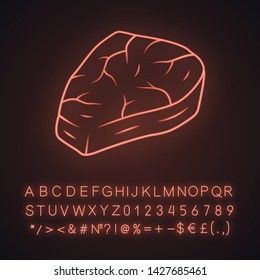 Meat steak neon light icon. Carnivore and high protein diet. Glowing sign with alphabet, numbers and symbols. Raw beef slice, roasted pork piece. Zero carb, animal product vector isolated illustration