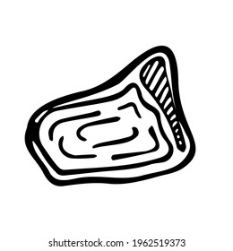 Meat steak on the bone. Beef, pork, recipe, menu. Hand drawn, doodle style black outline on a white background. For butcher shop, label prints, food. Isolated illustration. Vector