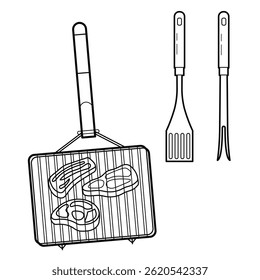 Bife de carne em um rack de grelha, espátula e churrasco de garfo. Ilustração vetorial de contorno, isolada sobre fundo branco.